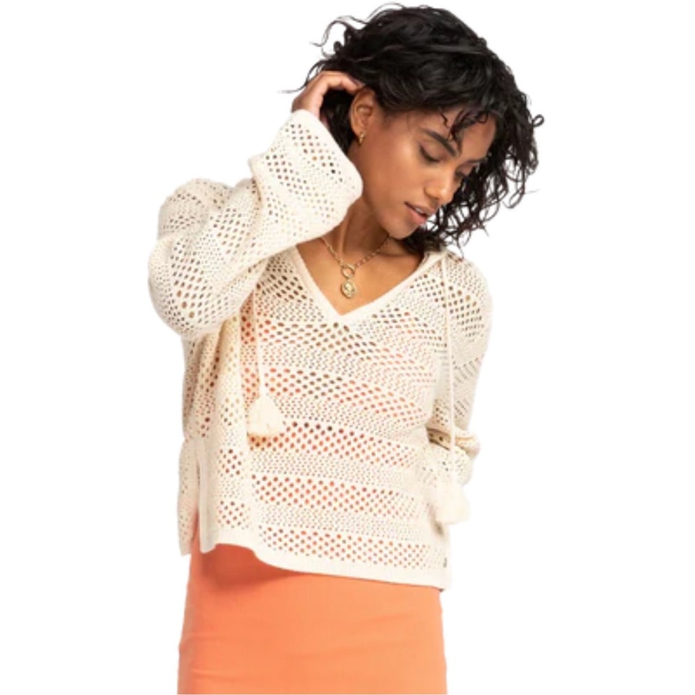 ROXY “After Beach Break II” tan crochet hooded boho sweater coverup top M